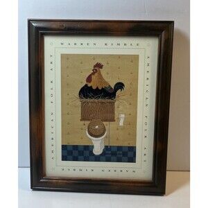 Vintage Warren Kimble American Folk Art Print Seat Cover Chicken Framed 11x9 In